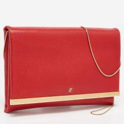 Pre Owned CH Carolina Herrera Red Leather Metal Flap Chain Clutch