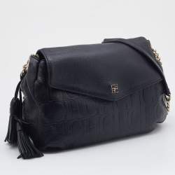 CH Carolina Herrera Monogram Black Embossed Leather Tassel Flap Shoulder Bag