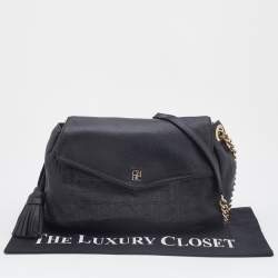 CH Carolina Herrera Monogram Black Embossed Leather Tassel Flap Shoulder Bag