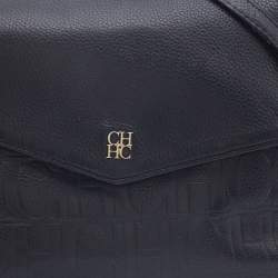 CH Carolina Herrera Monogram Black Embossed Leather Tassel Flap Shoulder Bag