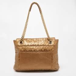 Pre Owned CH Carolina Herrera Gold Monogram Embossed Leather Audrey Shoulder Bag