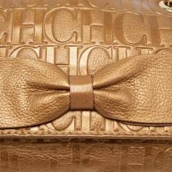 Pre Owned CH Carolina Herrera Gold Monogram Embossed Leather Audrey Shoulder Bag