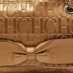 Pre Owned CH Carolina Herrera Gold Monogram Embossed Leather Audrey Shoulder Bag