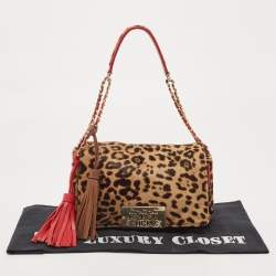 Pre Owned CH Carolina Herrera Red/Brown Leopard Print Calf Hair Tassel Shoulder Bag