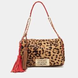 Pre Owned CH Carolina Herrera Red/Brown Leopard Print Calf Hair Tassel Shoulder Bag