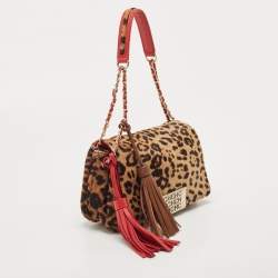 Pre Owned CH Carolina Herrera Red/Brown Leopard Print Calf Hair Tassel Shoulder Bag