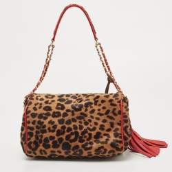 Pre Owned CH Carolina Herrera Red/Brown Leopard Print Calf Hair Tassel Shoulder Bag