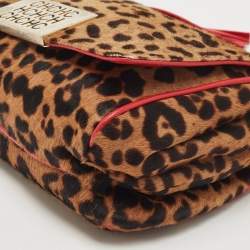 Pre Owned CH Carolina Herrera Red/Brown Leopard Print Calf Hair Tassel Shoulder Bag