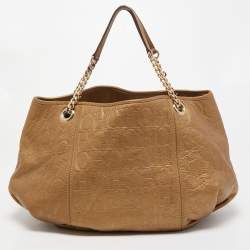 Pre Owned CH Carolina Herrera Gold Monogram Embossed Leather Dahlia Hobo