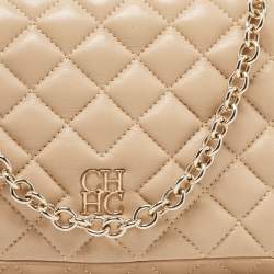 Pre Owned CH Carolina Herrera Beige Quilted Leather Chain Flap Shoulder Bag