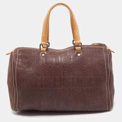 Pre Owned CH Carolina Herrera Choco Brown Monogram Leather Large Andy Boston Bag
