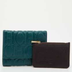 Pre Owned CH Carolina Herrera Teal Embossed Leather Trifold Compact Wallet