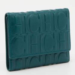 Pre Owned CH Carolina Herrera Teal Embossed Leather Trifold Compact Wallet