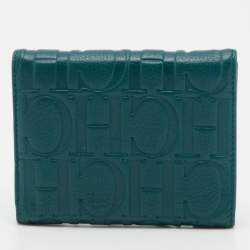 Pre Owned CH Carolina Herrera Teal Embossed Leather Trifold Compact Wallet
