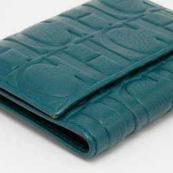 Pre Owned CH Carolina Herrera Teal Embossed Leather Trifold Compact Wallet