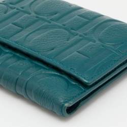 Pre Owned CH Carolina Herrera Teal Embossed Leather Trifold Compact Wallet