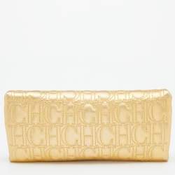 Pre Owned CH Carolina Herrera Gold Monogram Leather Jerry Chain Clutch 