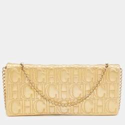 Pre Owned CH Carolina Herrera Gold Monogram Leather Jerry Chain Clutch 