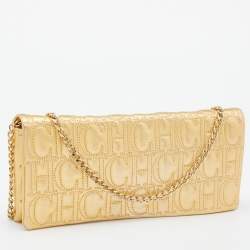 Pre Owned CH Carolina Herrera Gold Monogram Leather Jerry Chain Clutch 