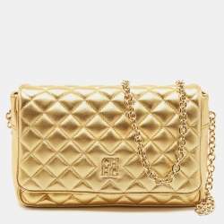 Pre Owned CH Carolina Herrera Gold Quilted Leather Chain Flap Shoulder Bag