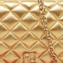 Pre Owned CH Carolina Herrera Gold Quilted Leather Chain Flap Shoulder Bag