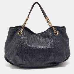 Pre Owned CH Carolina Herrera Blue Monogram Leather Poppy Hobo