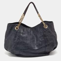 Pre Owned CH Carolina Herrera Blue Monogram Leather Poppy Hobo