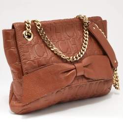 Pre Owned CH Carolina Herrera Brown Monogram Leather Audrey Shoulder Bag