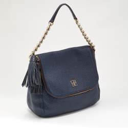 Pre Owned CH Carolina Herrera Navy Blue Leather Tassel Hobo