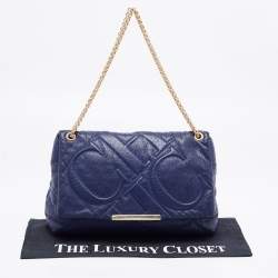 Pre Owned Carolina Herrera Blue Logo Embossed Leather Metal Flap Shoulder Bag