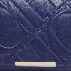 Pre Owned Carolina Herrera Blue Logo Embossed Leather Metal Flap Shoulder Bag