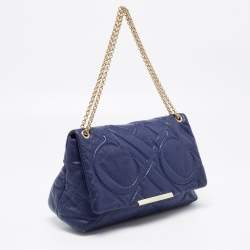 Pre Owned Carolina Herrera Blue Logo Embossed Leather Metal Flap Shoulder Bag
