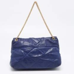 Pre Owned Carolina Herrera Blue Logo Embossed Leather Metal Flap Shoulder Bag