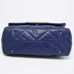 Pre Owned Carolina Herrera Blue Logo Embossed Leather Metal Flap Shoulder Bag