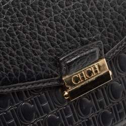 Pre Owned CH Carolina Herrera Black Monogram Embossed Leather Push Lock Flap Top Handle Bag