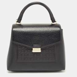 Pre Owned CH Carolina Herrera Black Monogram Embossed Leather Push Lock Flap Top Handle Bag