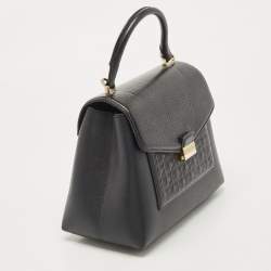 Pre Owned CH Carolina Herrera Black Monogram Embossed Leather Push Lock Flap Top Handle Bag