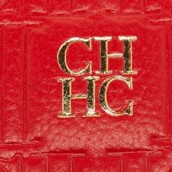 Pre Owned CH Carolina Herrera Red Monogram Embossed Leather Zip Wristlet Pouch