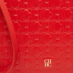 Pre Owned CH Carolina Herrera Red Monogram Embossed Leather Zip Wristlet Pouch