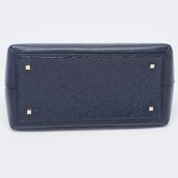 Pre Owned Carolina Herrera Navy Blue Monogram Leather Pushlock Top Handle Bag