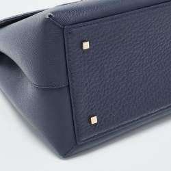 Carolina Herrera Navy Blue Monogram Leather Pushlock Top Handle Bag