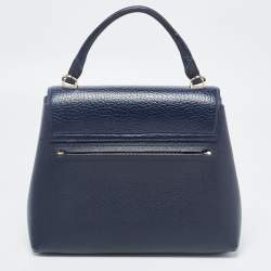 Pre Owned Carolina Herrera Navy Blue Monogram Leather Pushlock Top Handle Bag