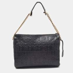 Pre Owned CH Carolina Herrera Black Monogram Leather Shoulder Bag