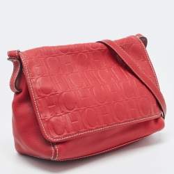 مملوكة مسبقًا Carolina Herrera Red Monogram Embossed Leather Flap Shoulder Bag