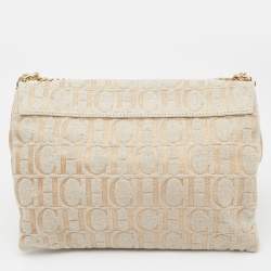 مملوكة مسبقًا CH Carolina Herrera Beige Monogram Canvas and Suede Flap Shoulder Bag