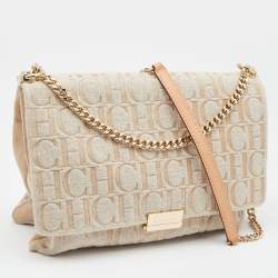 مملوكة مسبقًا CH Carolina Herrera Beige Monogram Canvas and Suede Flap Shoulder Bag