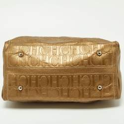 Pre Owned CH Carolina Herrera Metallic Gold Monogram Leather Large Andy Boston Bag