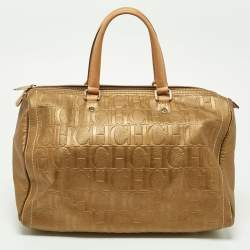 Pre Owned CH Carolina Herrera Metallic Gold Monogram Leather Large Andy Boston Bag