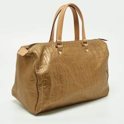 Pre Owned CH Carolina Herrera Metallic Gold Monogram Leather Large Andy Boston Bag