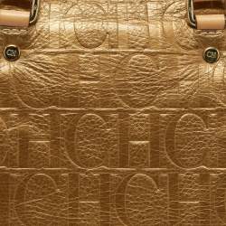 Pre Owned CH Carolina Herrera Metallic Gold Monogram Leather Large Andy Boston Bag